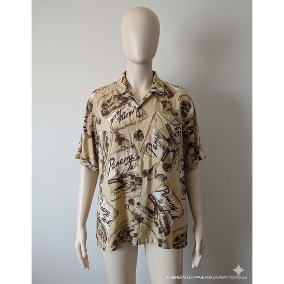 Panama Jack Rum Buried Treasure Men's XXL Tan Tropical Rayon Aloha Shirt Used - Picture 2 of 7